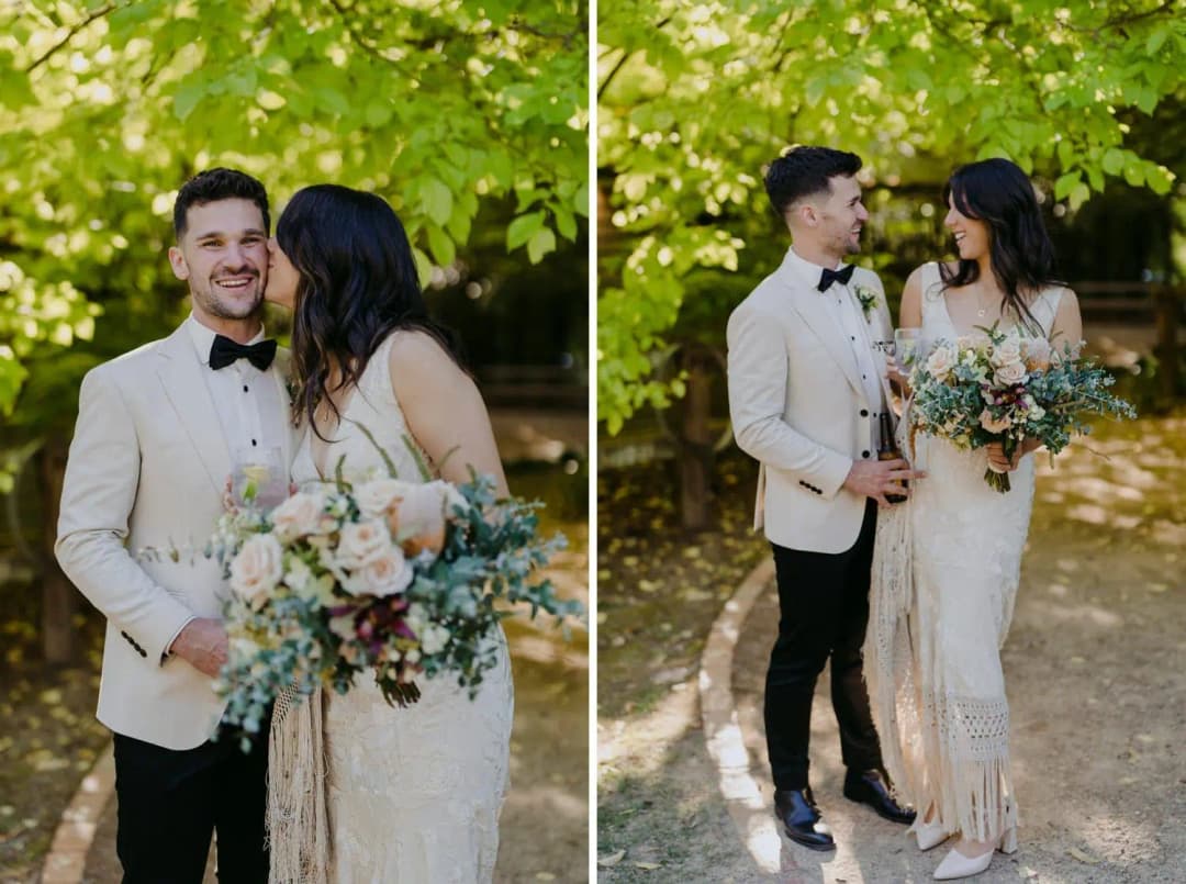 Two photographs of the bride and groom laughing together beneath leafy branches
