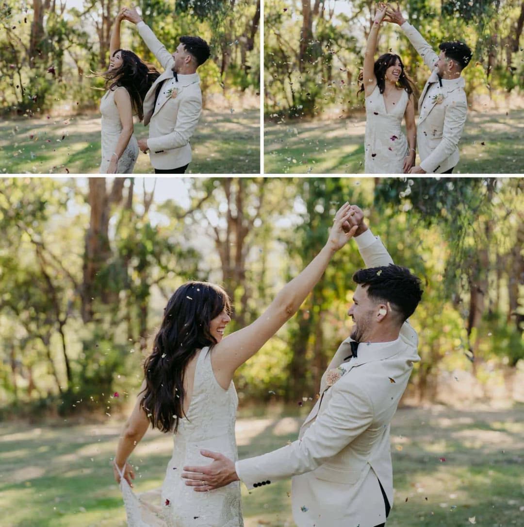 Three photographs of the groom holding up the bride's hand as she turns outdoors