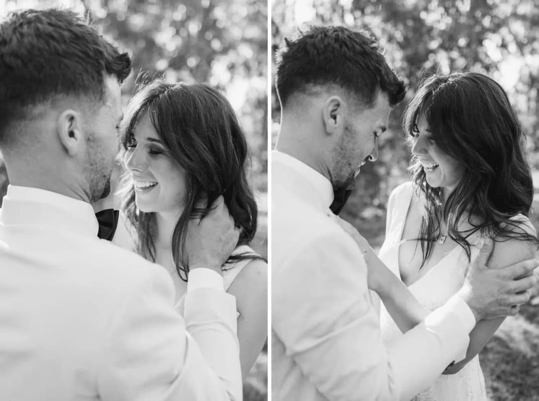 Two black and white photographs of the couple smiling closely together
