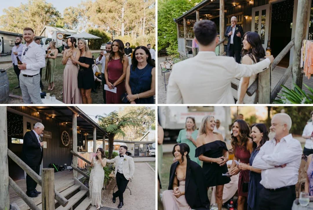 Four photographs of wedding speeches, smiling guests and the couple beside the barn
