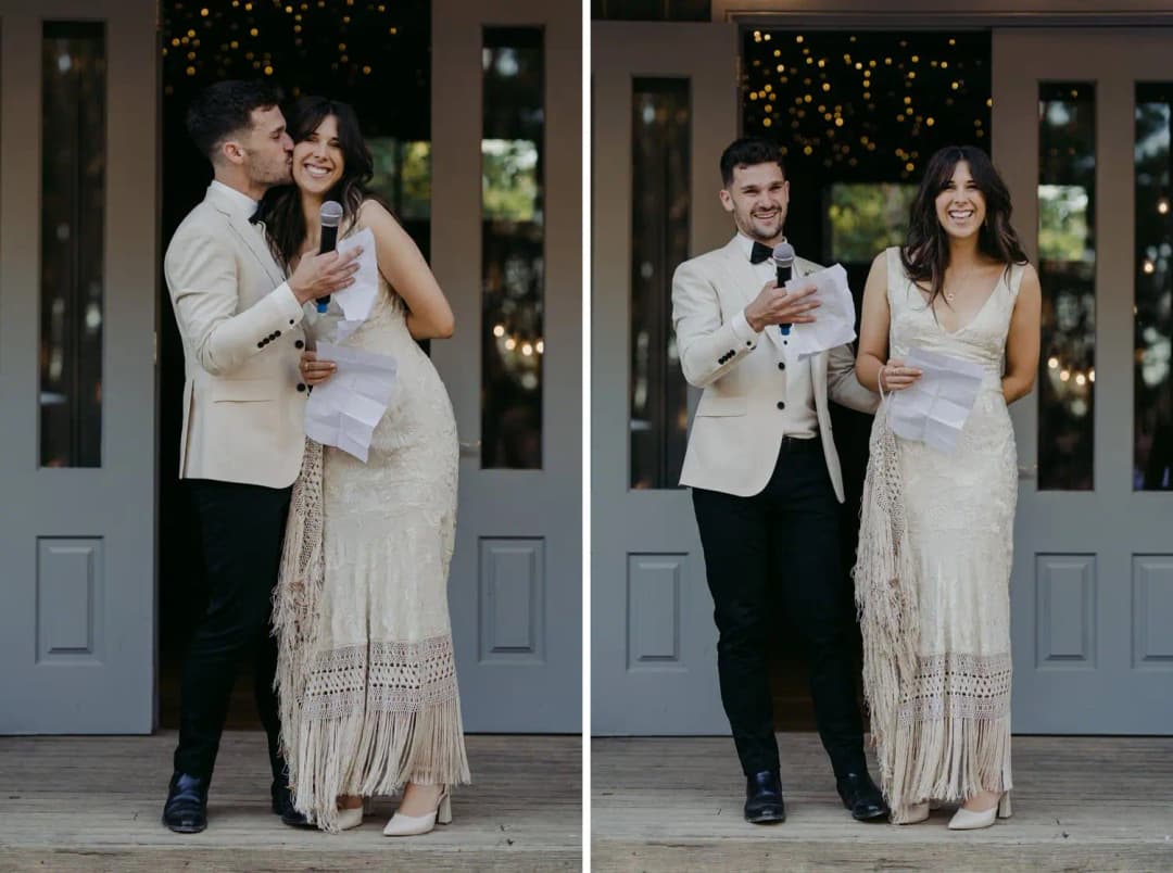 Two photographs of the couple smiling and speaking into a microphone outside the barn