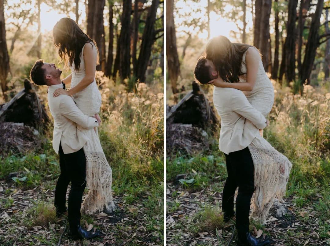 Two photographs of the groom lifting the bride and kissing her in woodland