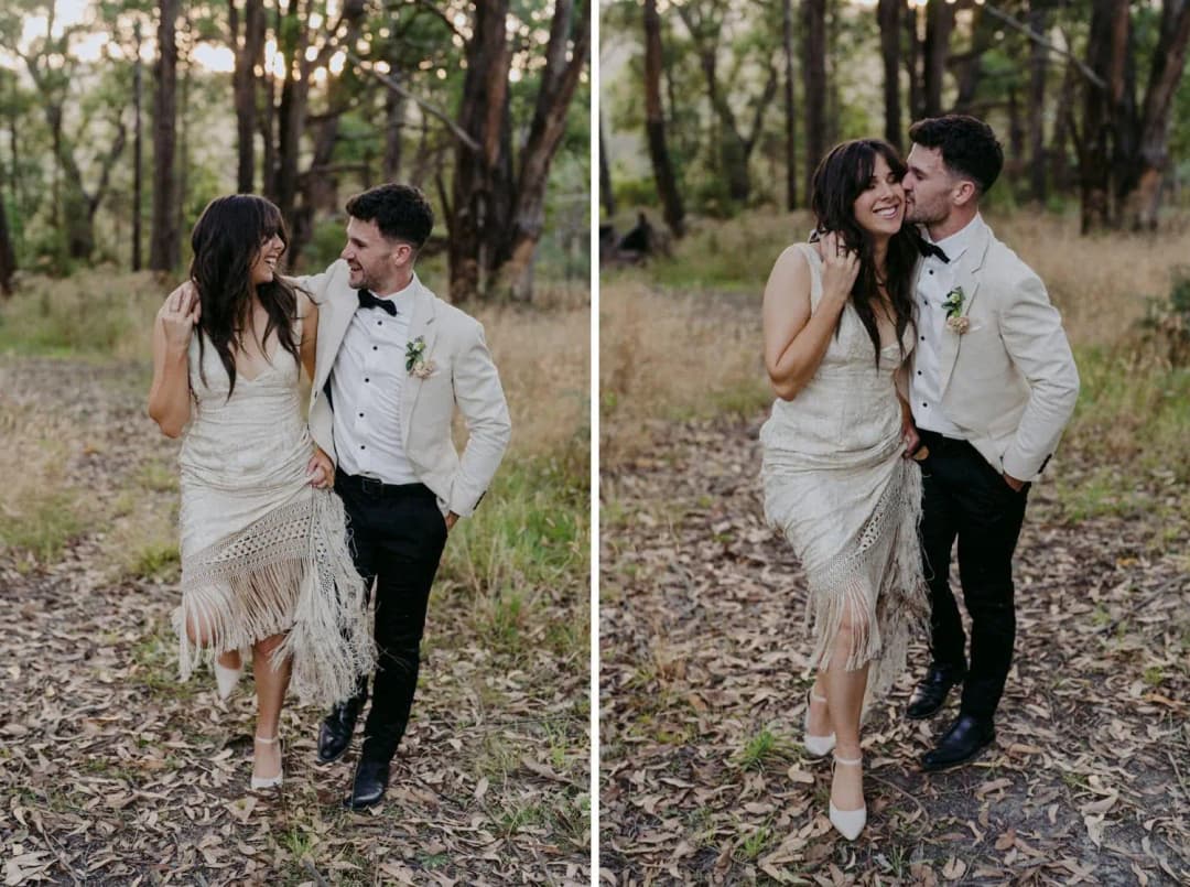 Two photographs of the couple walking and laughing together through trees