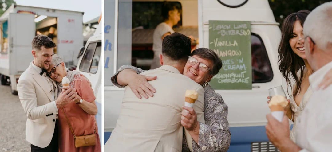 Two photographs of the groom greeting guests beside an ice cream van