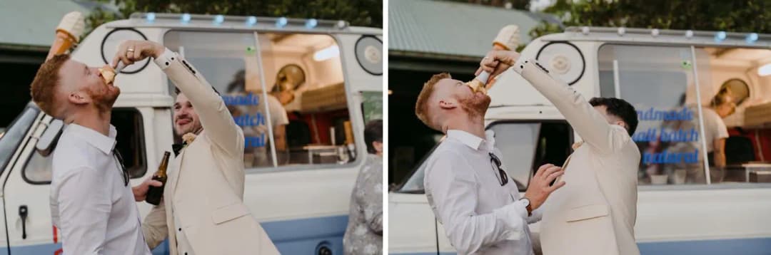 Two photographs of the groom feeding an ice cream cone to a guest
