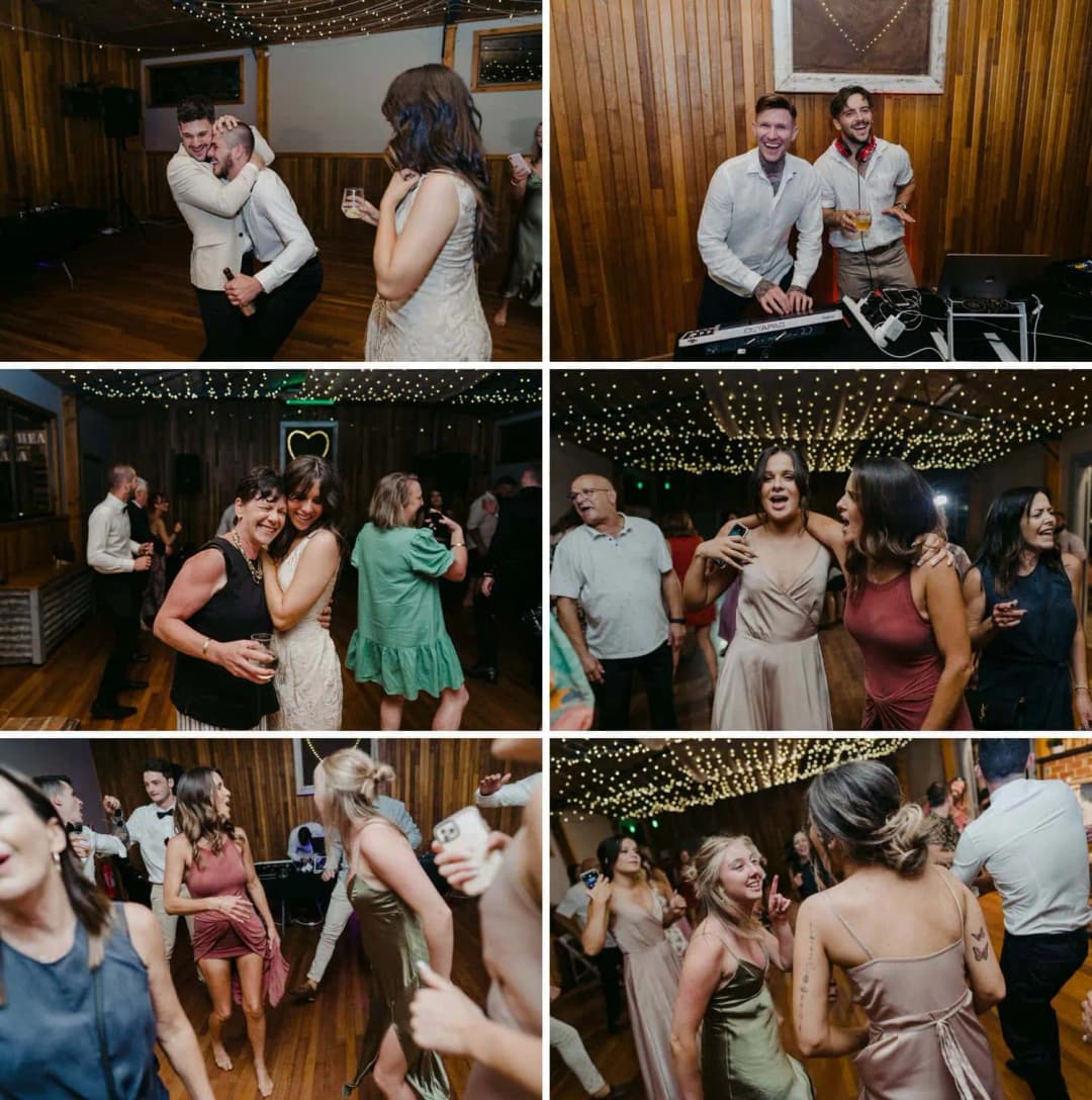 Six photographs of guests dancing, embracing and laughing beneath fairy lights