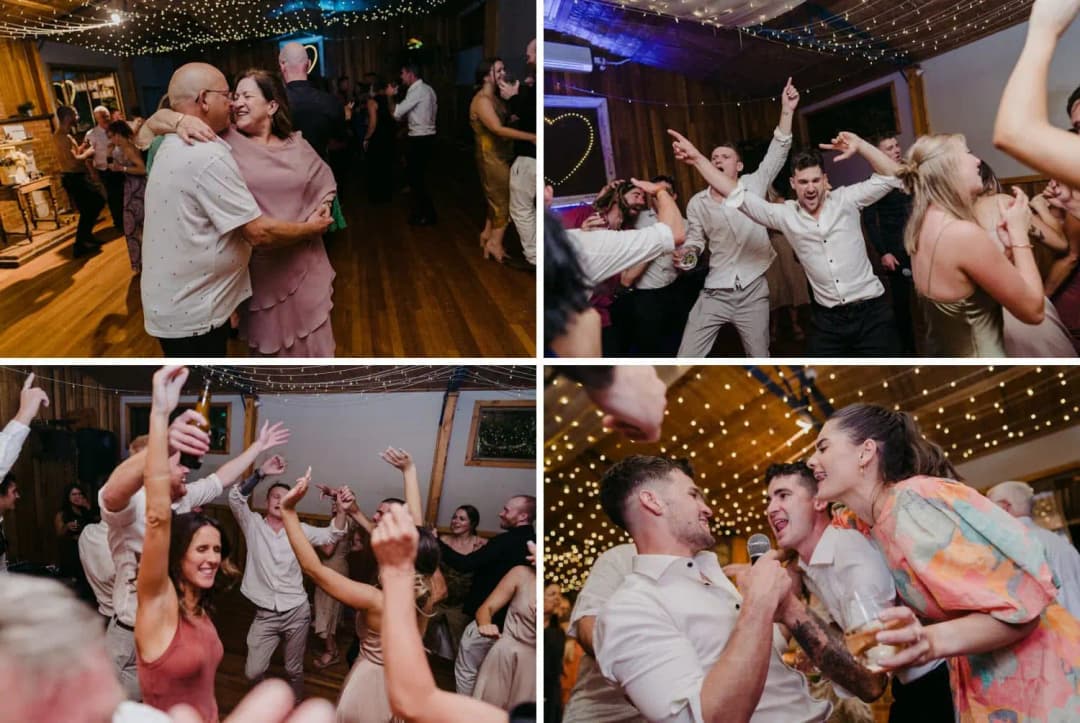 Four photographs of guests dancing and laughing at the reception
