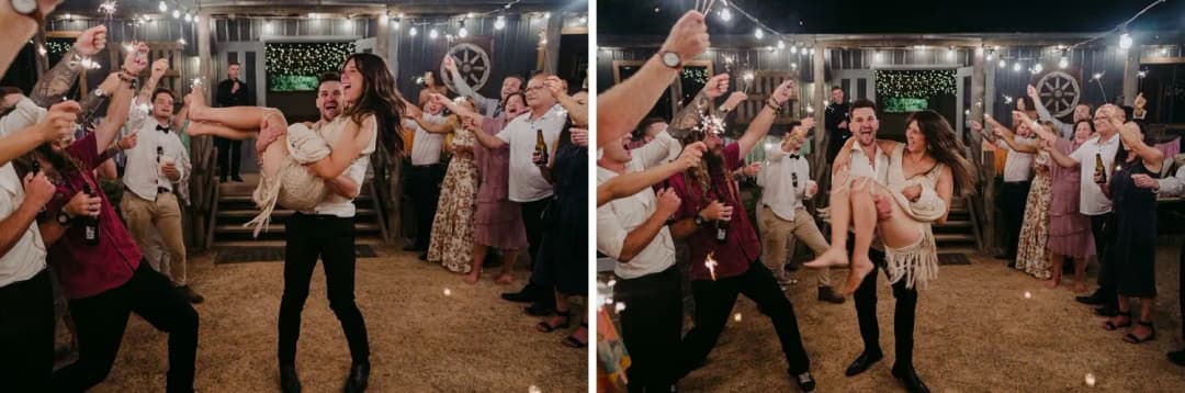 Two photographs of the groom carrying the bride through cheering guests