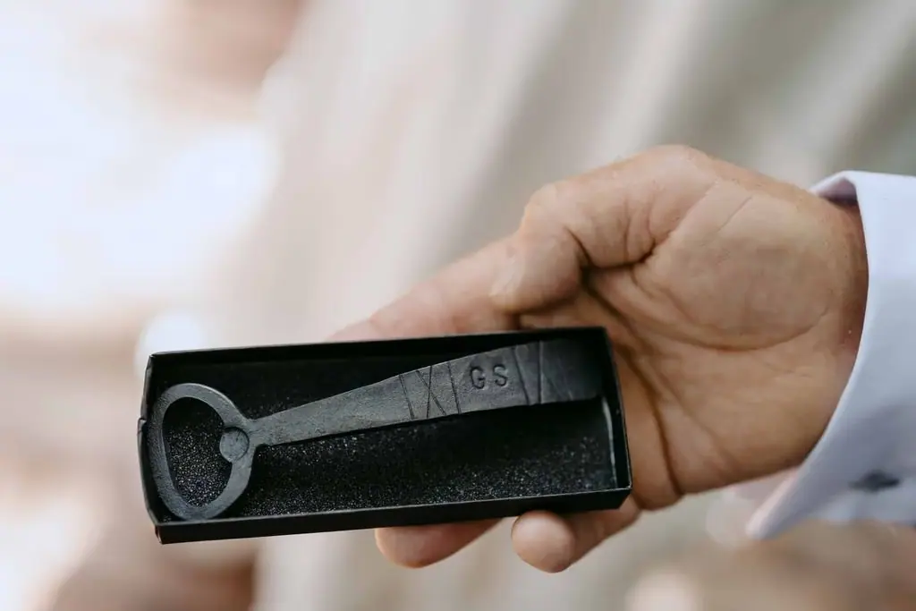 Wedding ring displayed in a small black box