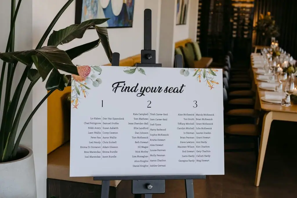 Wedding seating chart titled Find your seat