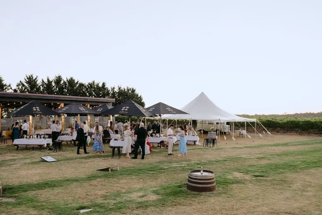 Wide view of the marquee and guests gathered on the lawn at dusk