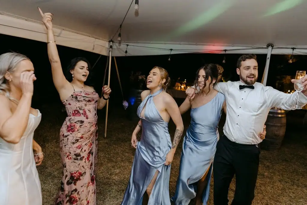 Guests holding hands and raising their arms on the dance floor
