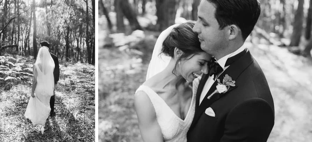 Two black-and-white photographs of the couple walking and embracing among forest trees.