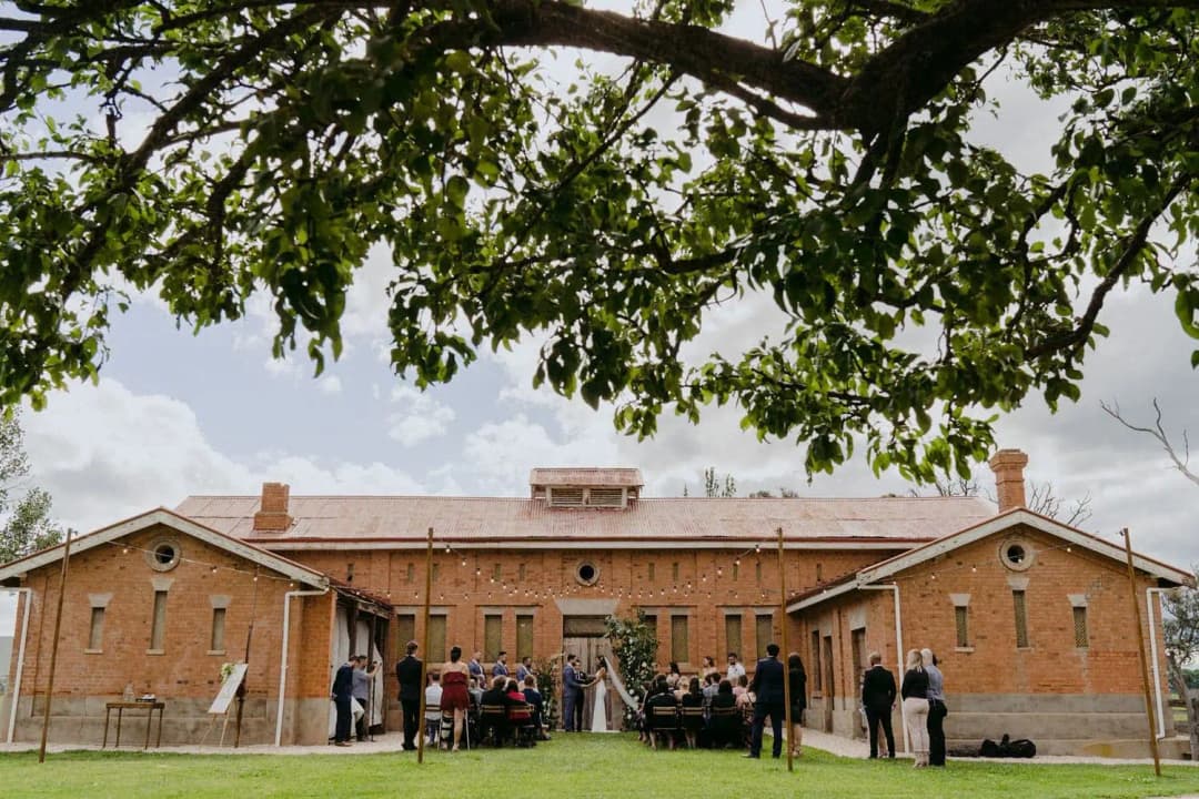 Guests gathered outside a long brick building beneath leafy branches.