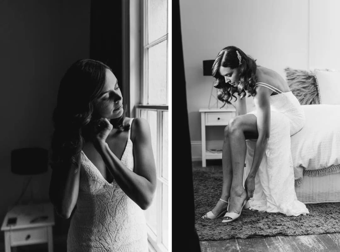 Two black-and-white photographs of a bride adjusting an earring and fastening a shoe.