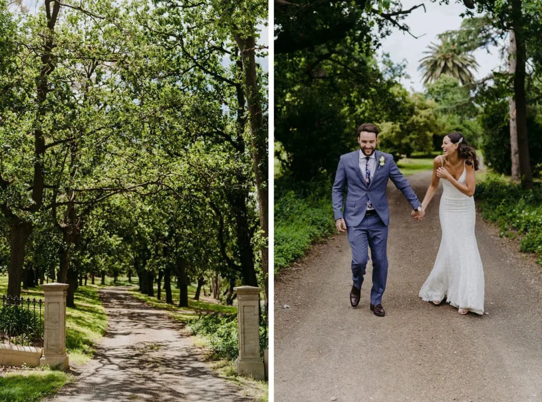 Two photographs of a tree-lined avenue and a couple walking together on a garden path.