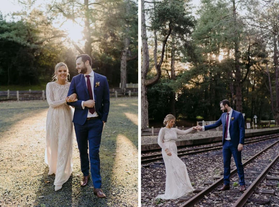 Two photographs of the couple walking in a garden and holding hands beside railway tracks.