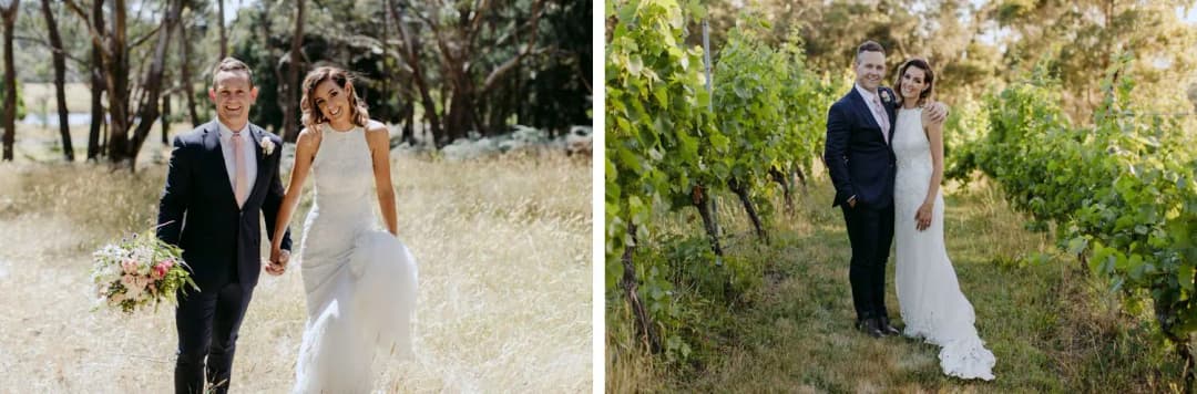 Two photographs of a couple walking and posing among vineyard greenery.
