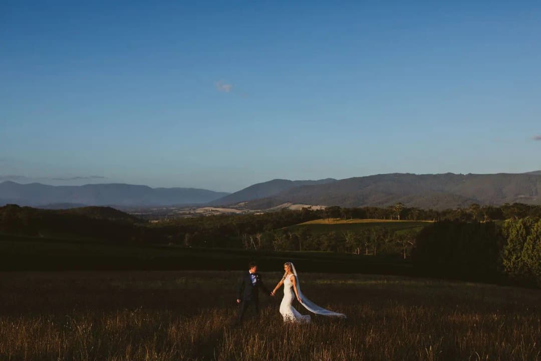 Wide view of a couple walking through a field beneath distant mountains.