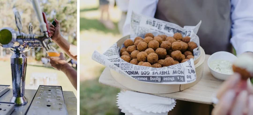 Two photographs of drinks being poured and a platter of small fried canapes.