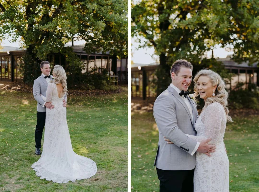 Two portraits of the bride and groom embracing on a garden lawn.