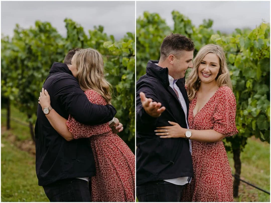 Two photographs of a couple embracing and smiling between grapevines.