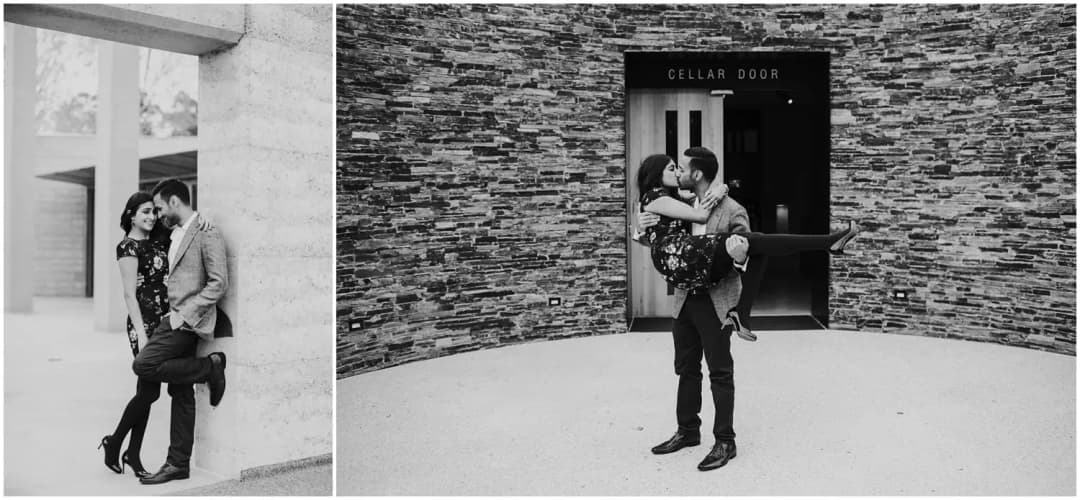 Two black-and-white photographs of a man lifting a woman beside a stone building.