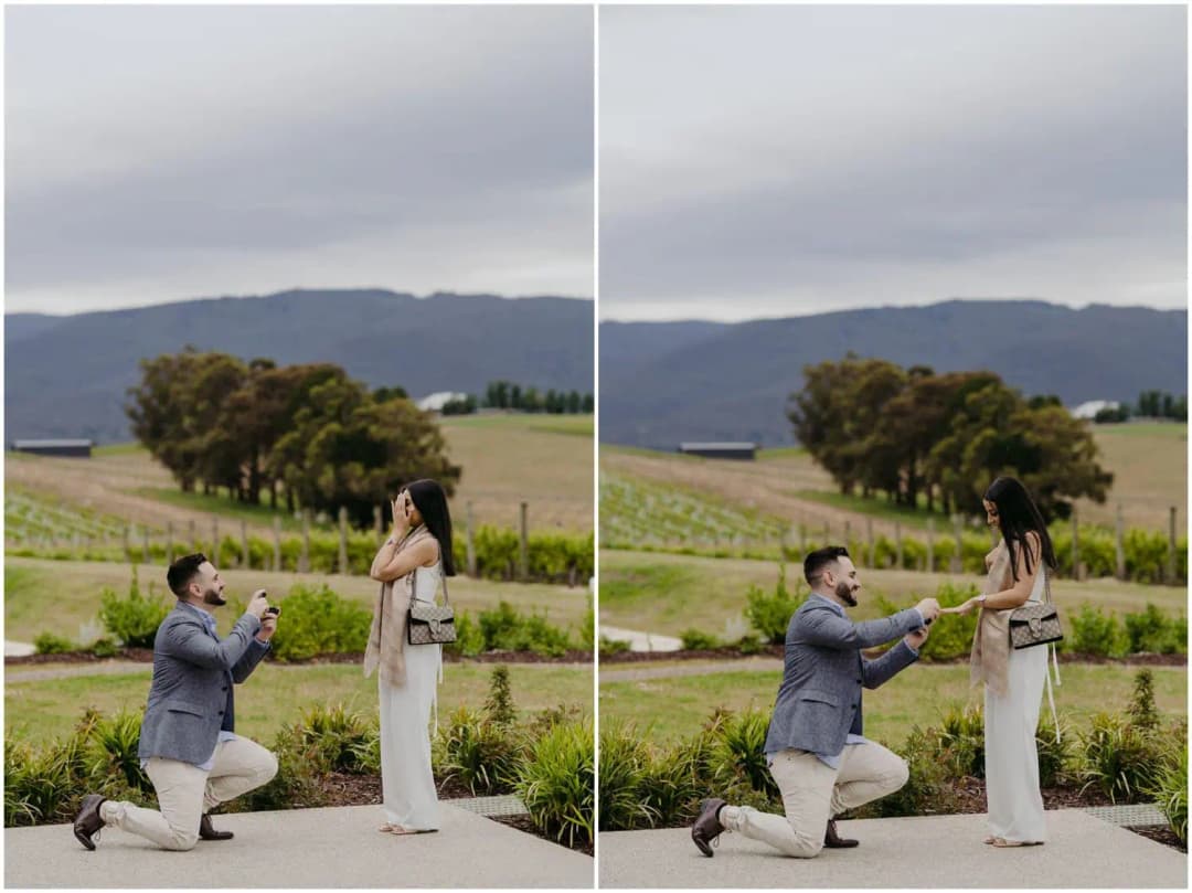 Two photographs of a man kneeling and presenting a small box to a woman overlooking vineyard hills.