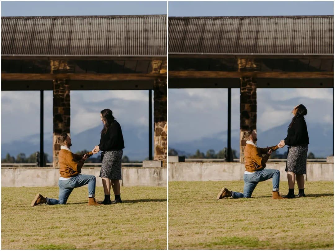 Two photographs of a man kneeling and holding a woman's hands on a lawn.