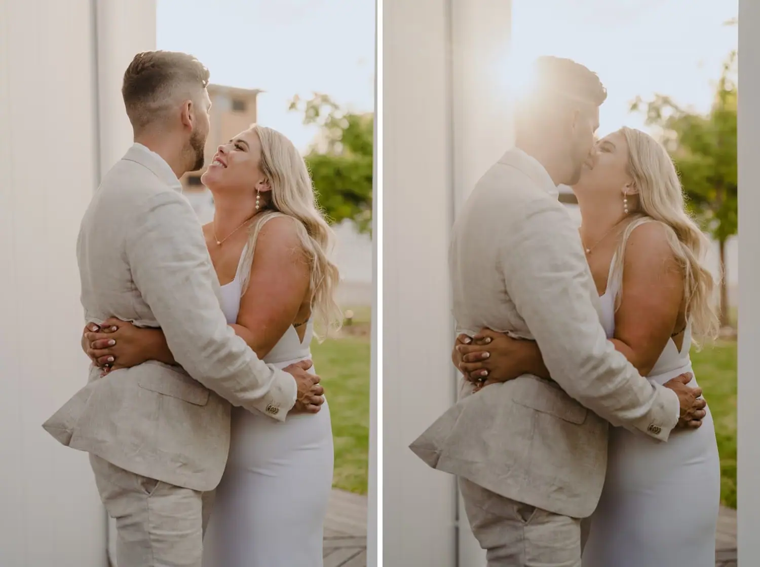 Two photographs of the couple embracing beside white columns in warm sunlight