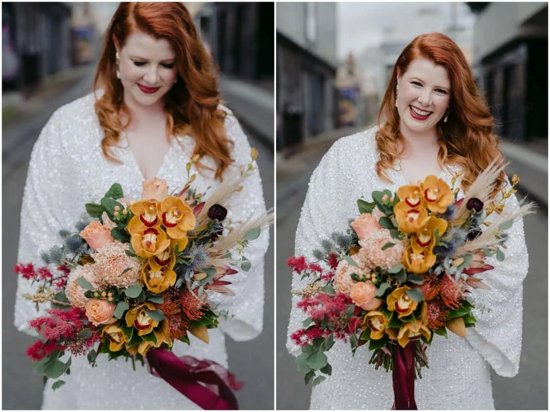 Two portraits of the red-haired bride holding her colourful bouquet